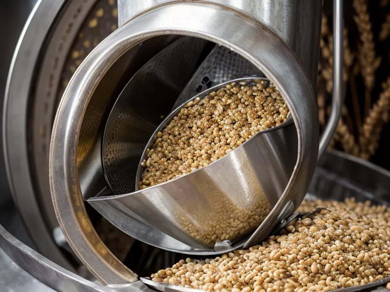 Close-up of hard red wheat berries being poured into a KitchenAid grain mill hopper.