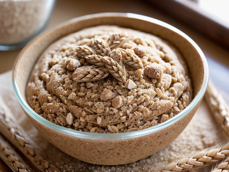 Freshly milled whole wheat flour in a glass bowl showing rustic texture.