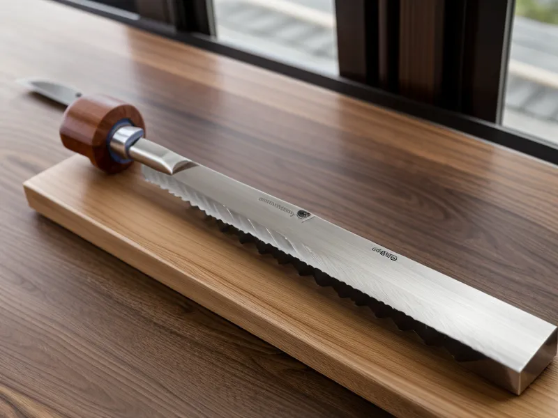 A rolling sharpener being used on a premium kitchen knife.