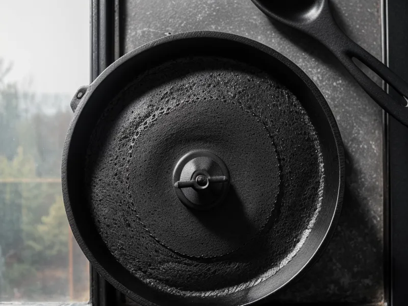 Close-up of a heavy black cast iron bread pan on a kitchen stove.