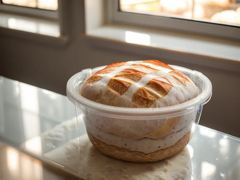 Sourdough dough fermenting inside a clear plastic deli container.