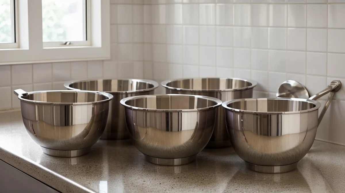 Best stainless steel mixing bowls for professional home kitchen prep, heavy-gauge bowls stacked on a counter