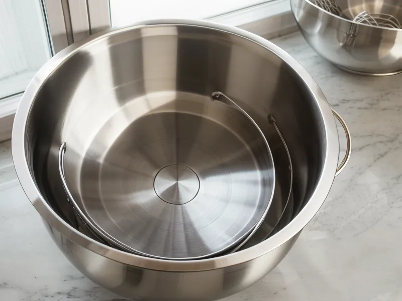 18/10 stainless steel mixing bowl for kitchen prep with a whisk resting against the flared rim
