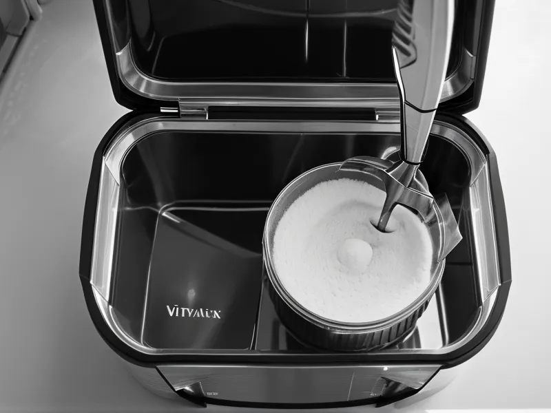 Laser-cut stainless steel milling blades inside a Vitamix dry grains container for grinding fresh flour