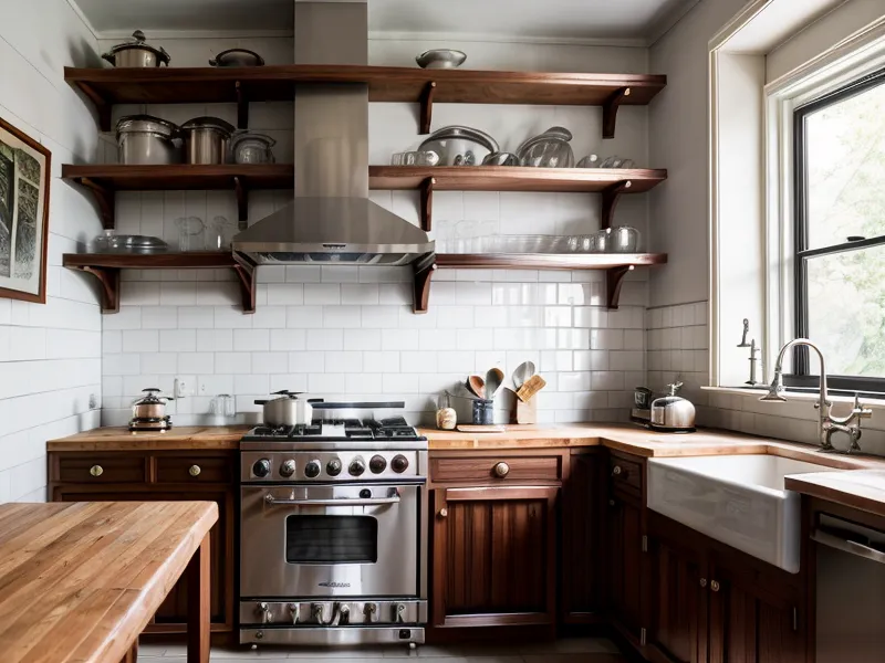 A stack of three well-maintained All-Clad stainless steel pans on a kitchen shelf.