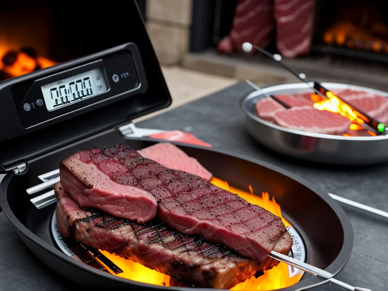 Close-up of a Meater thermometer probe inserted into a steak on a Weber grill