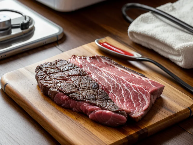 Smartphone showing the Meater app finish screen next to a sliced medium-rare steak