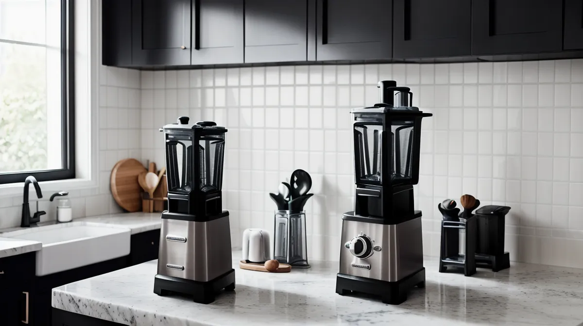 Vitamix Ascent A2300 high-speed blender beside a Blendtec Total Classic on a butcher-block kitchen island, comparing two premium kitchen appliances
