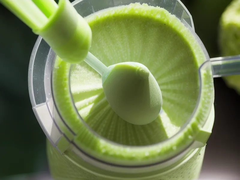 Using the Vitamix tamper to push a thick smoothie into the blades of the 64oz container on this premium kitchen appliance